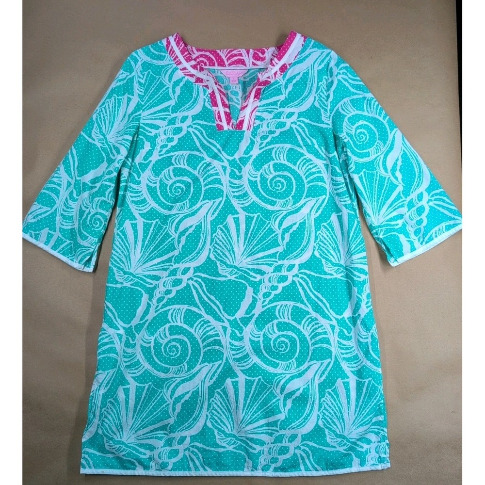 Lilly Pulitzer Women Small Swim Cover Teal Tunic King Conch 3/4 Sleeve Seashell